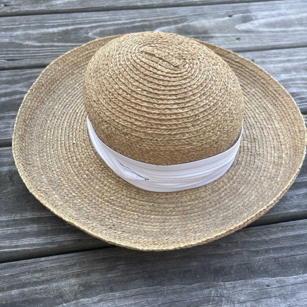 Helen Kaminski Handmade Australia Raffia Hat Natural OS white ribbon runs small